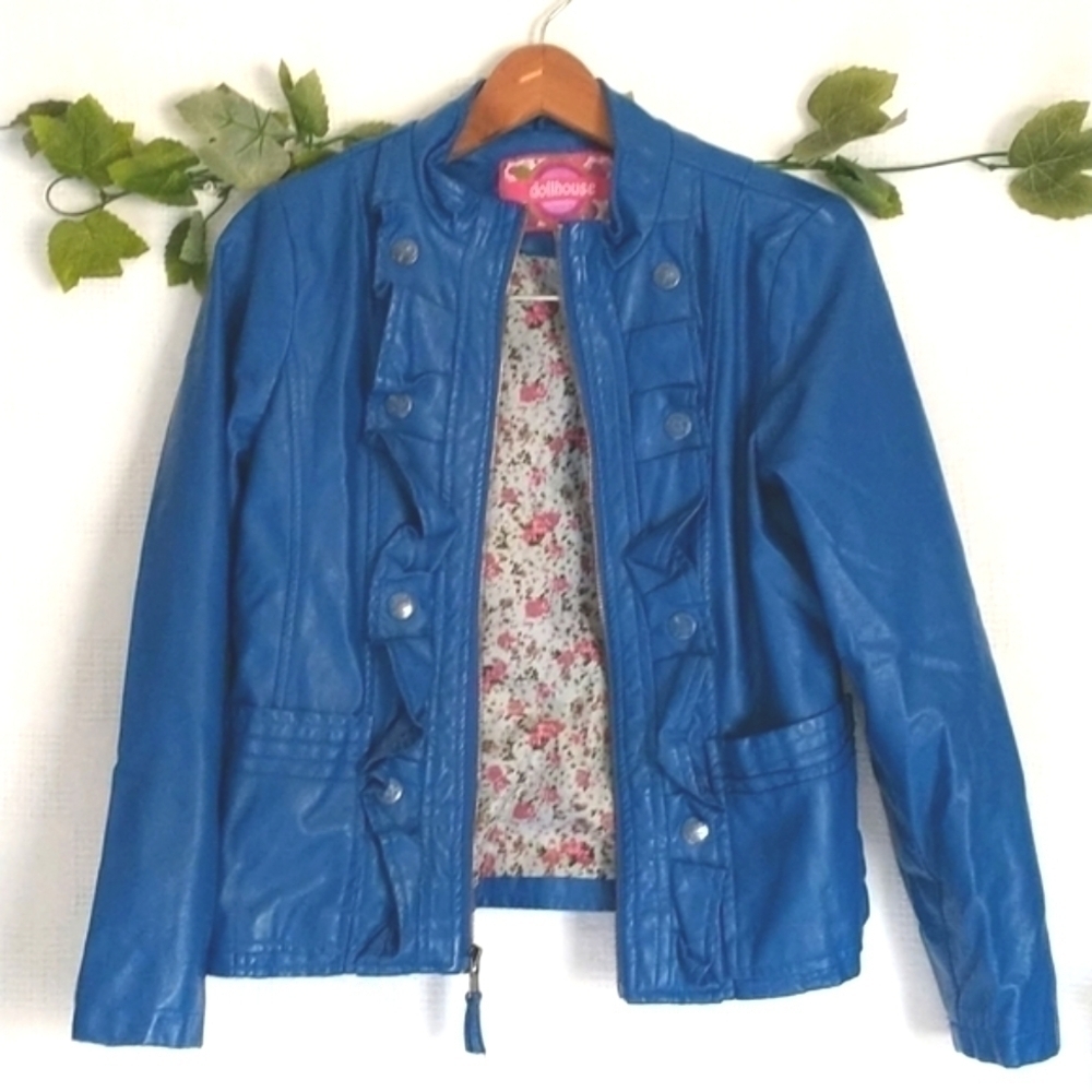 90's Y2K Vintage DOLLHOUSE Electric Blue Faux Leather Jacket fits women’s Small